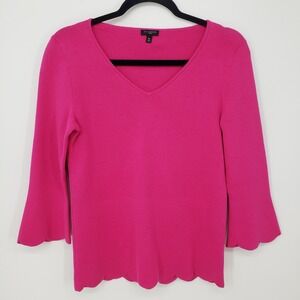 Talbots Scalloped Hem V-Neck Bell Sleeve Sweater Womens Size MP Pink Knit